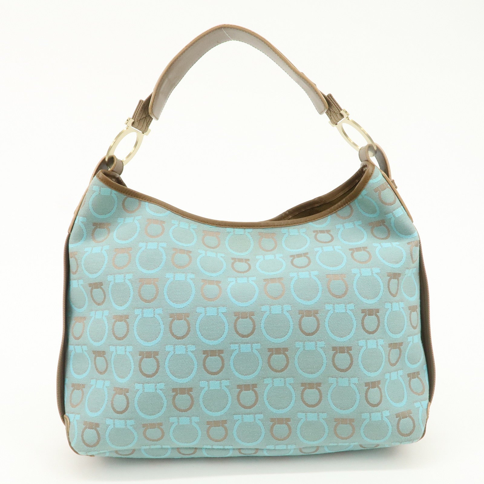 Ferragamo Gancini Canvas Leather Shoulder Bag Light Blue Brown
