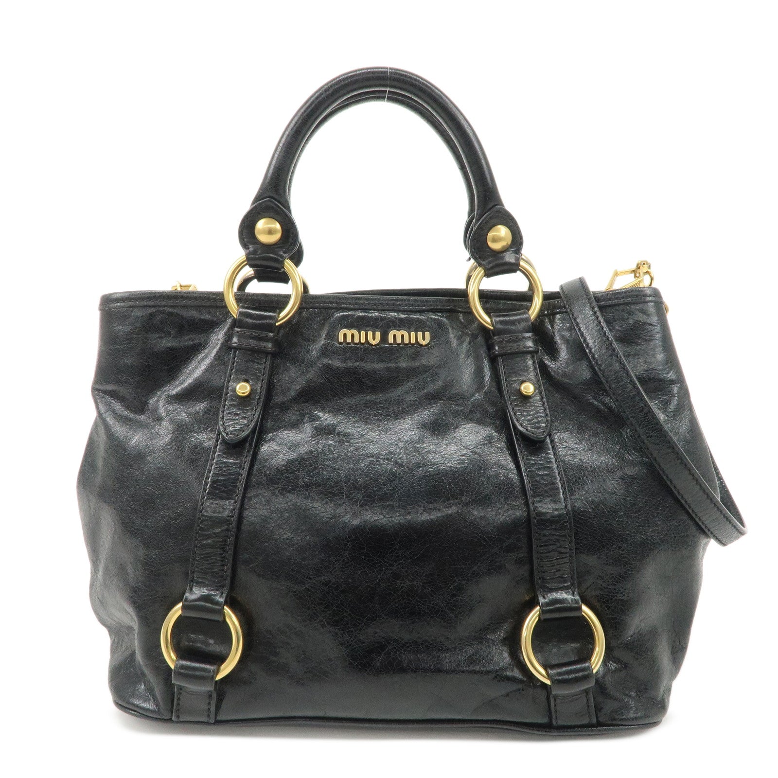 MIUMIU Logo Leather 2WAY Hand Bag Black Gold Hardware RN0685 Used