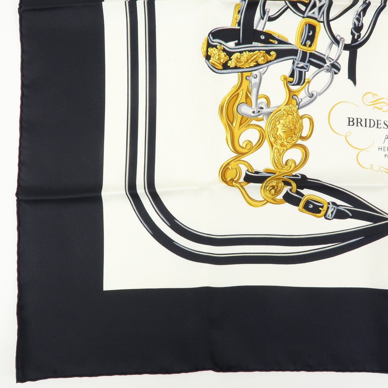 HERMES Carre 90 Silk 100% Scarf BRIDES DE GALA Black Gold