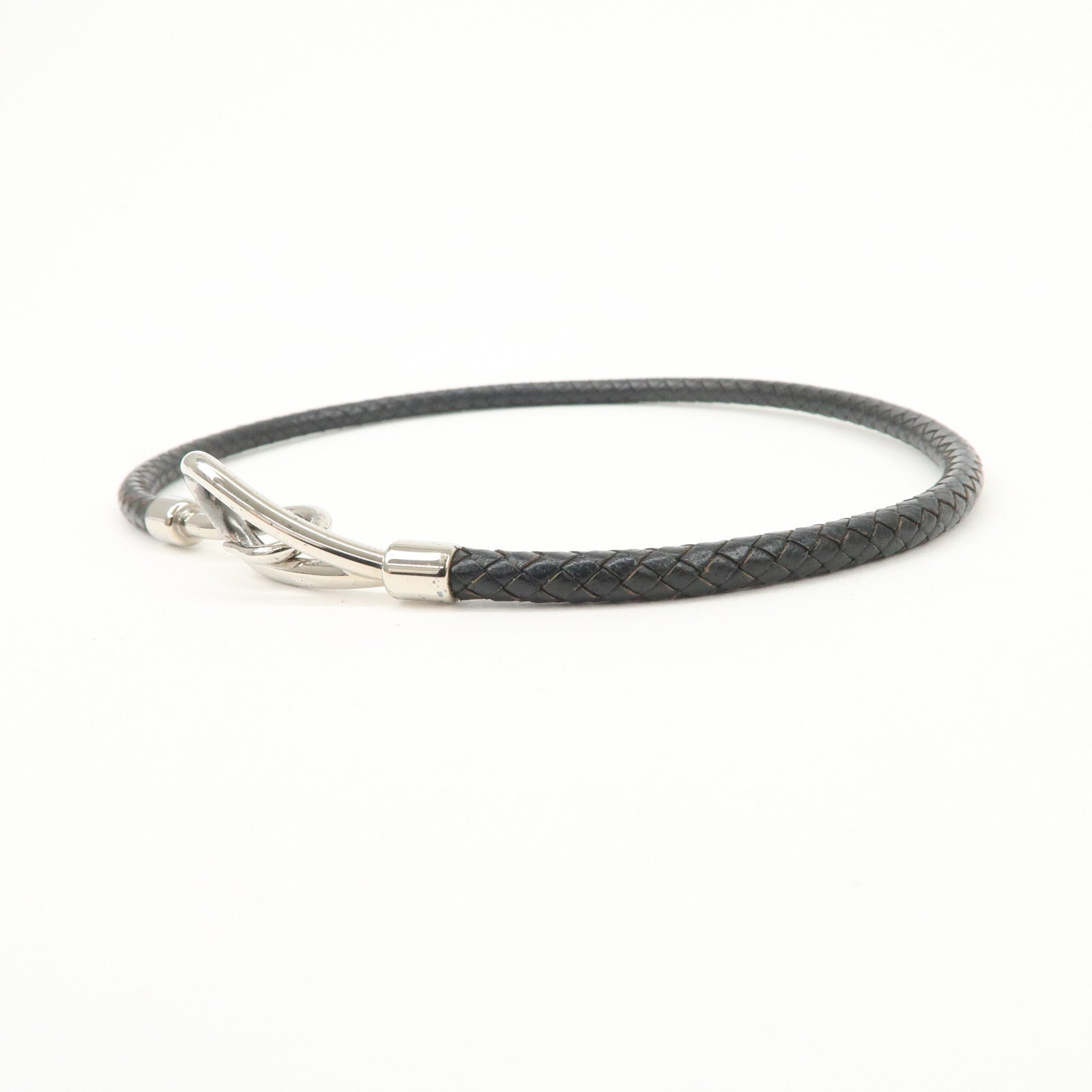 HERMES Leather Jumbo Choker Bracelet Black Silver HDW