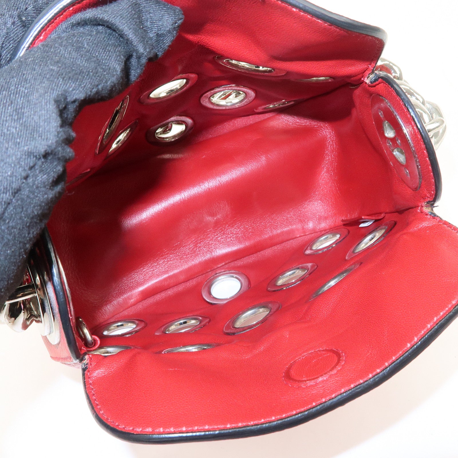 PRADA Logo Grommet Leather Chain Shoulder Bag Red Silver 1BA027
