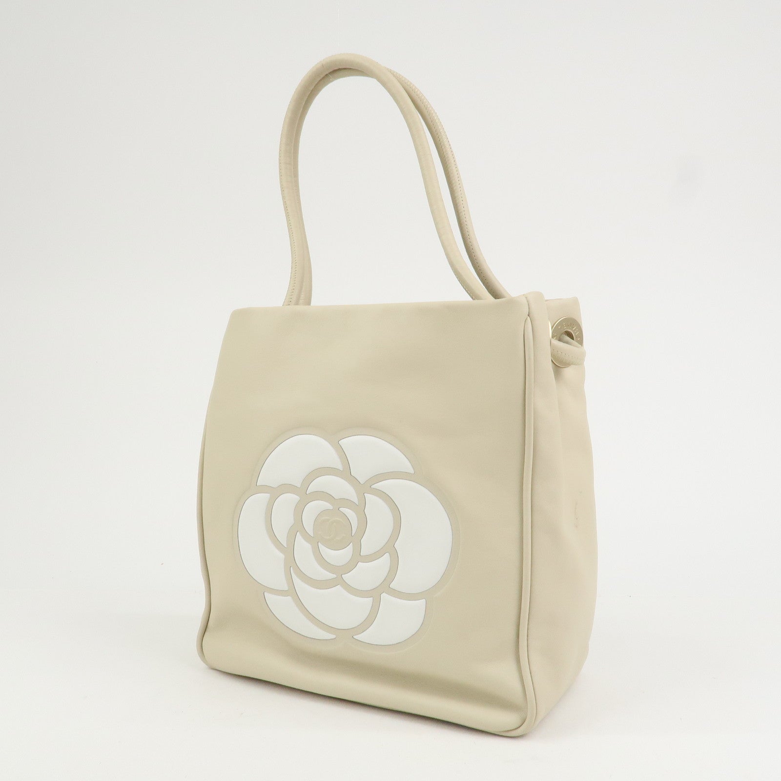 CHANEL Camelia Lambskin Hand Bag Tote Bag Ivory A20856