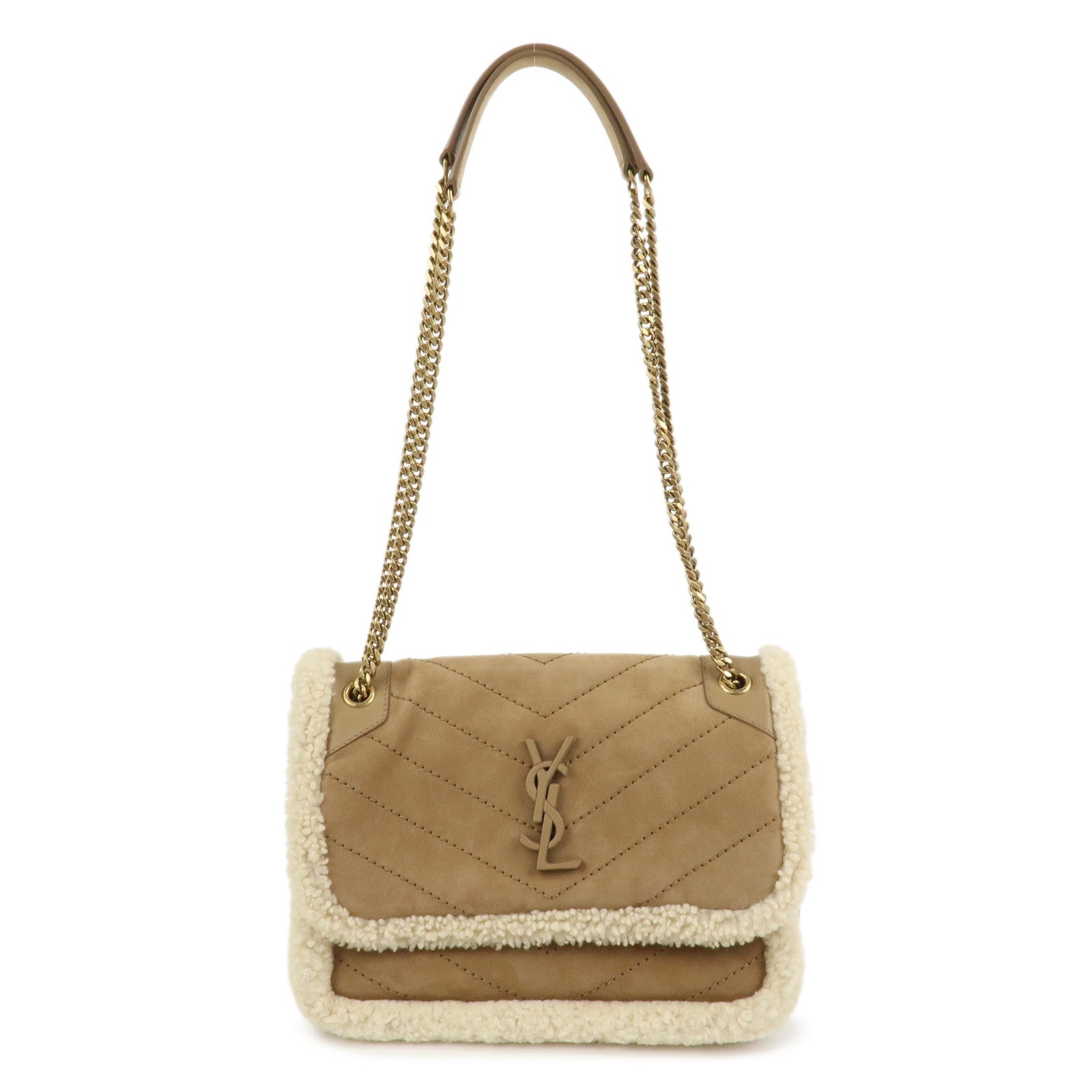 SAINT LAURENT PARIS Niki Mouton Leather Shoulder Bag Light Brown