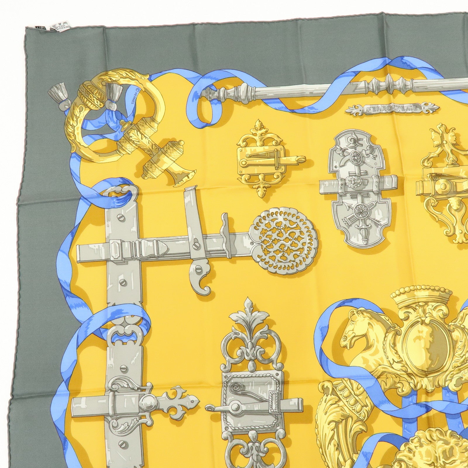 HERMES Carre 90 Silk 100% Scarf Ferronnerie Gray Gold
