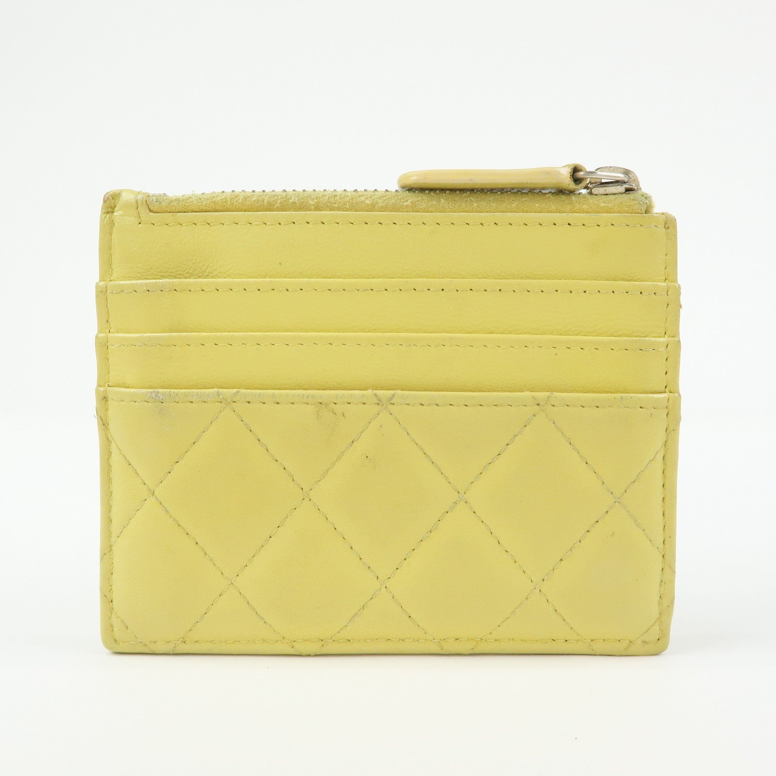 CHANEL Matelasse COCO Mark Lamb Skin Card Case Card Holder Yellow