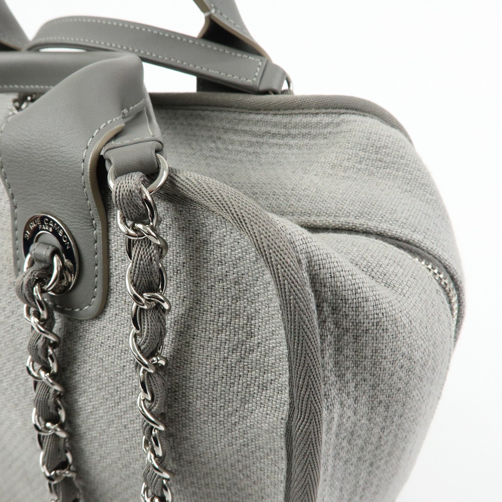 CHANEL Deauville Canvas Leather 2Way Boston Chain Shoulder Bag Gray
