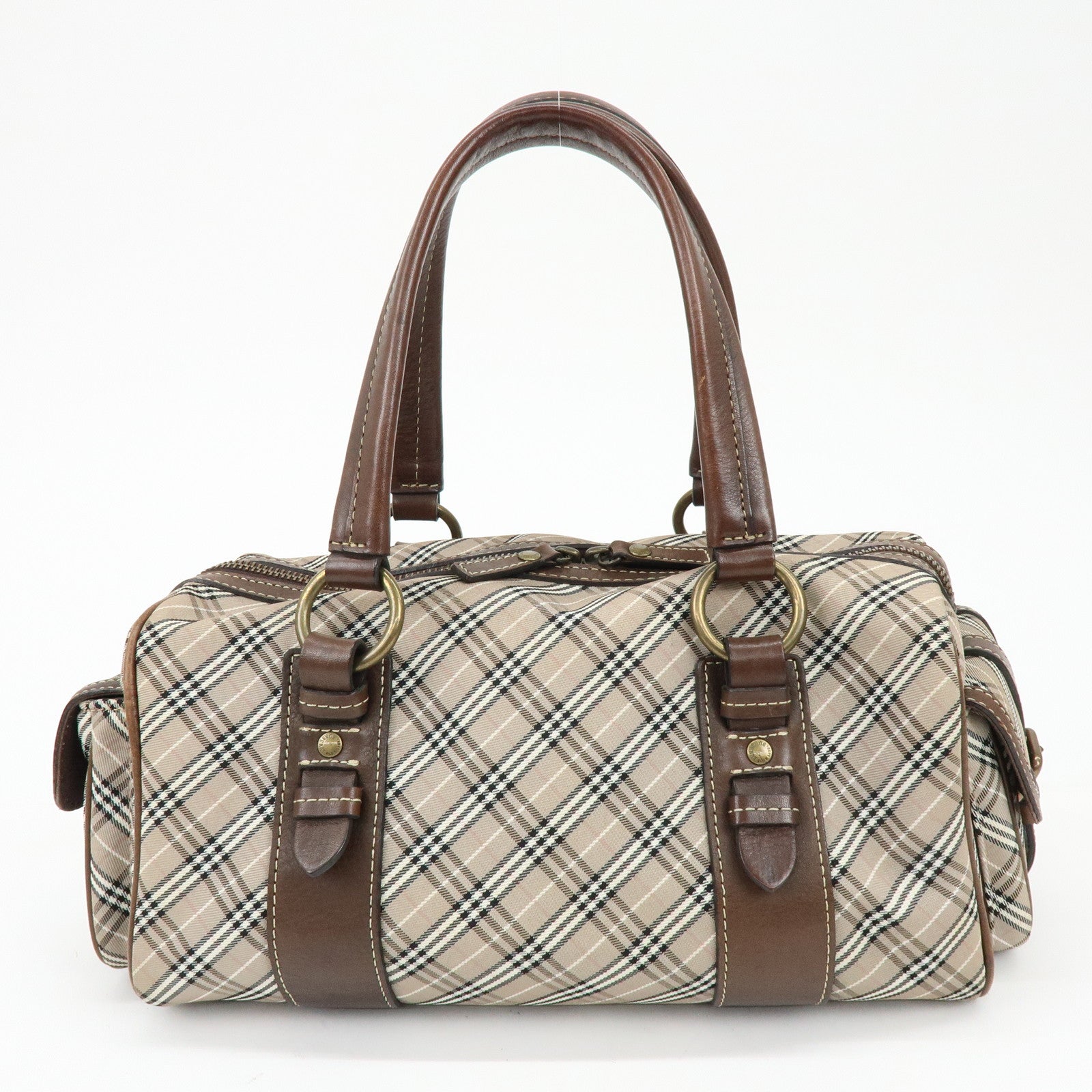 BURBERRY Blue Label Canvas Leather Plaid Hand Bag Boston Bag Brown
