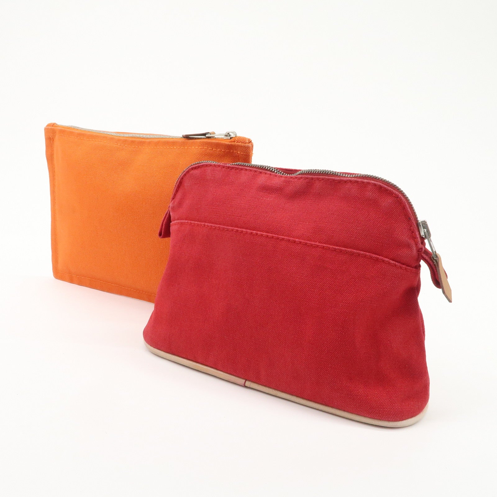 HERMES  Set of 2 Canvas Leather Pouch Cosmetic Pouch Orange Red Used