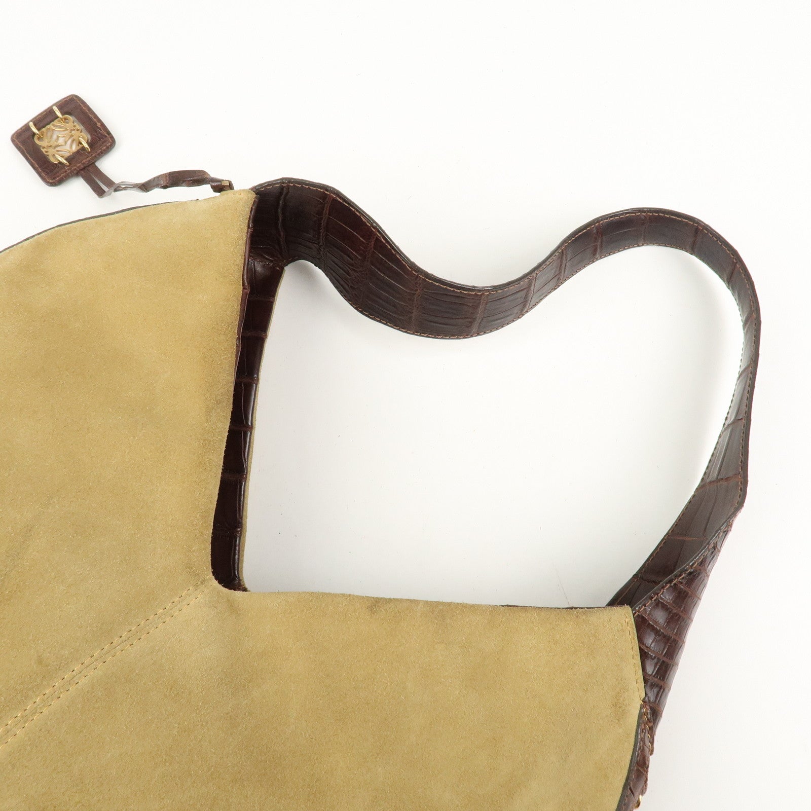 LOEWE Anagram Suede Embossed Leather Shoulder Bag Hand Bag Beige