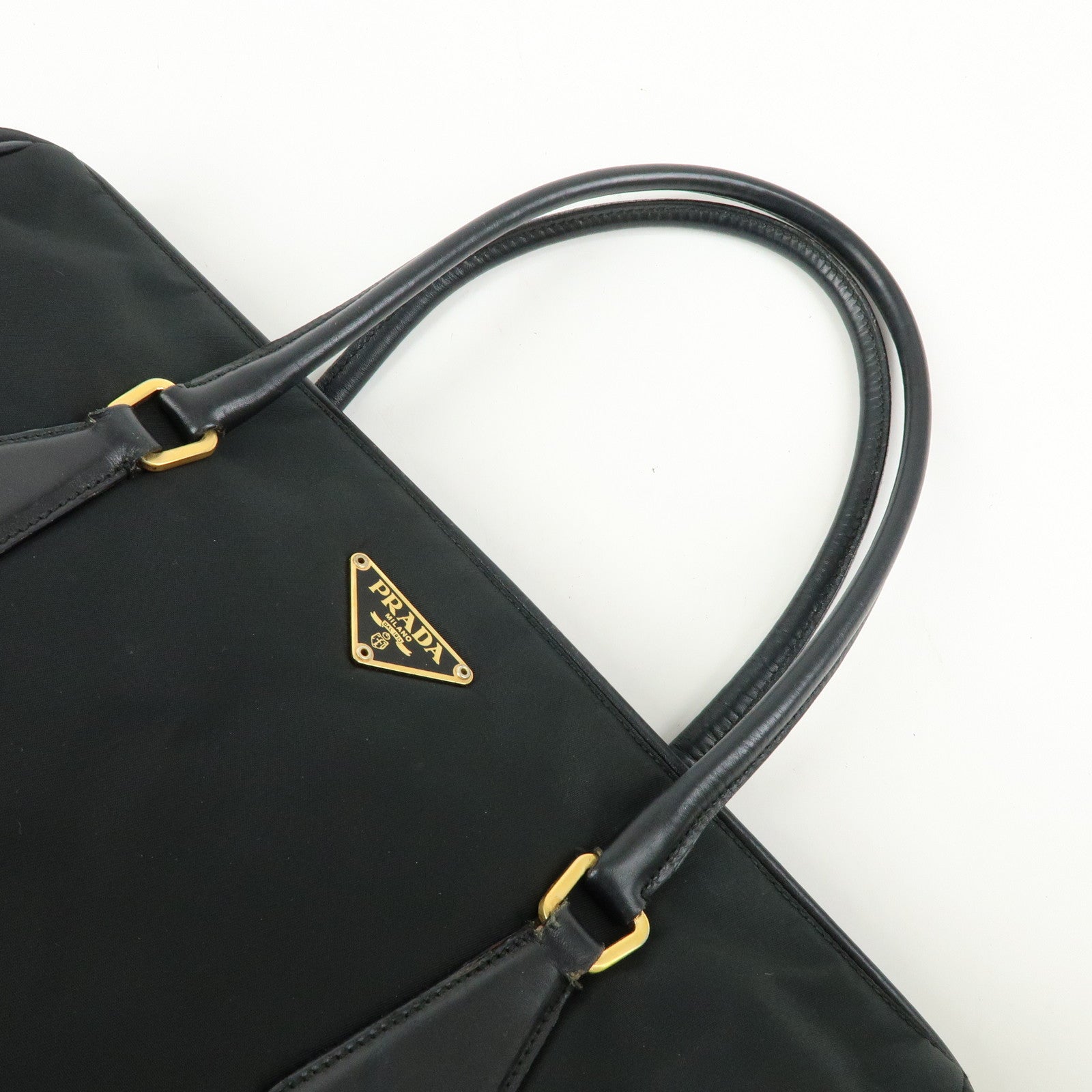 PRADA Triangle Logo Nylon Leather Hand Bag Tote Shoulder Bag Black