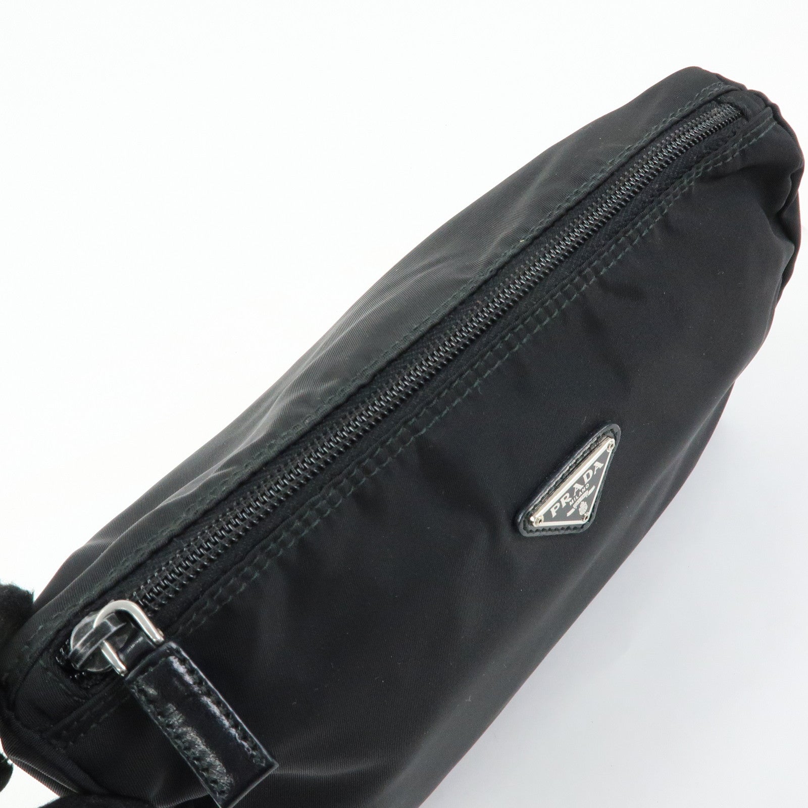 PRADA Triangle Logo Nylon Cosmetic Pouch Makeup Bag Black