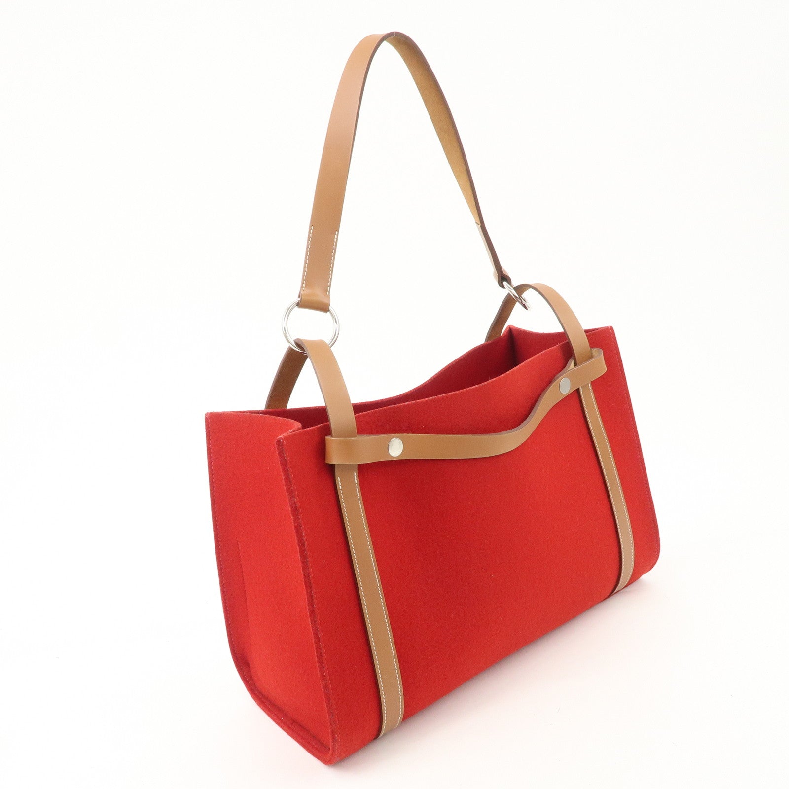 HERMES Leather Felt Cabalicol P Stamped Shoulder Bag Beige Red Used