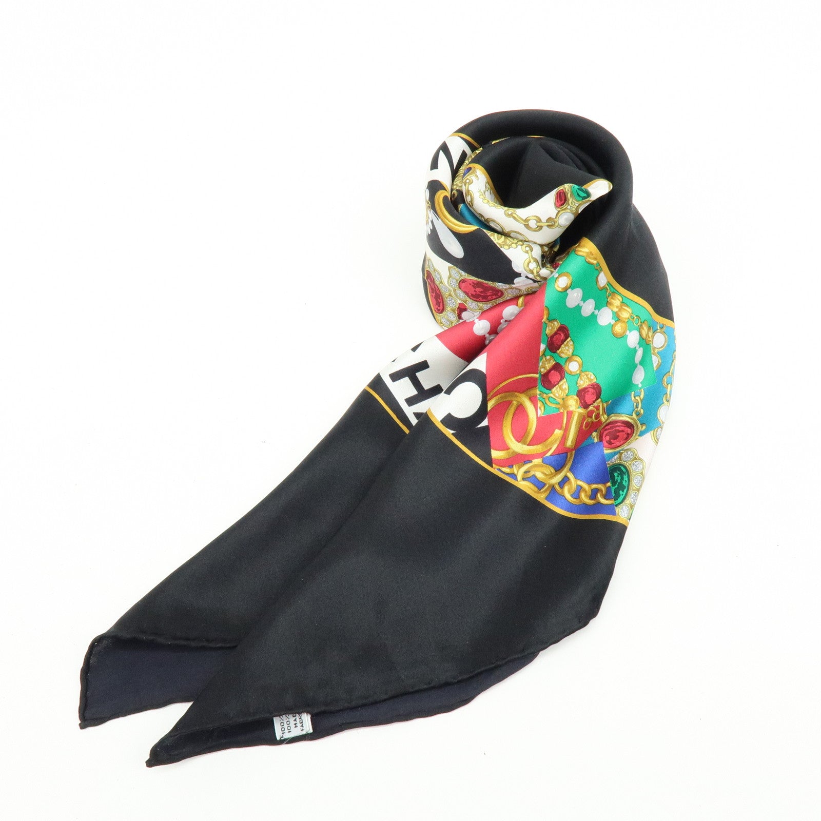 CHANEL COCO Mark Jewelry Motif Silk 100% Scarf Black Multicolor