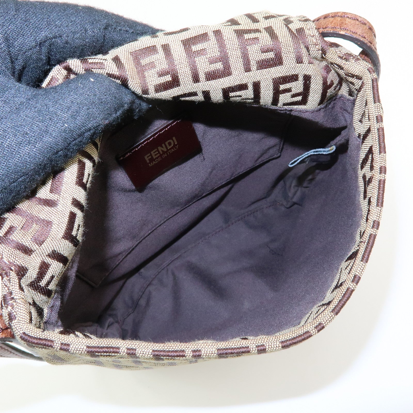 FENDI Zucchino Canvas Leather Shoulder Crossbody Bag Brown 8BT075