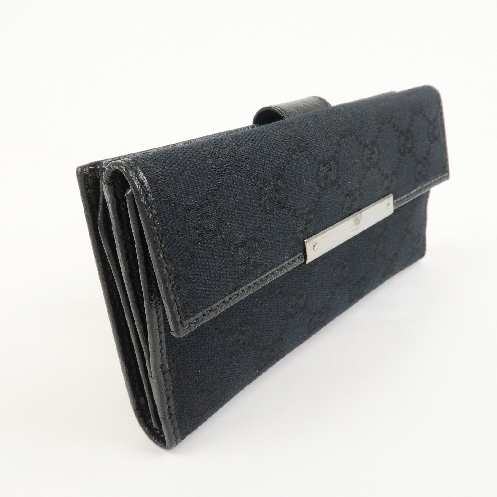 GUCCI GG Canvas Leather W Hook Bi-fold Long Wallet Black 112715