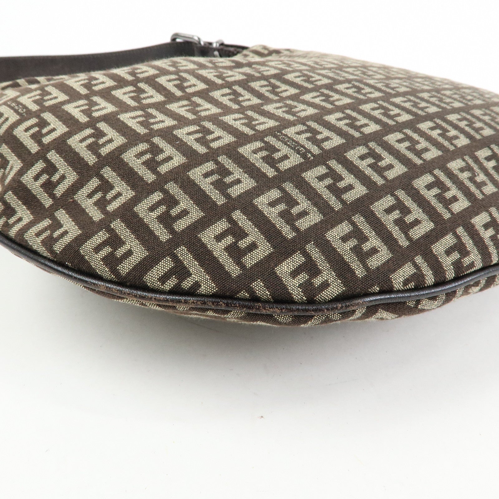 FENDI Zucchino Canvas Leather Shoulder Bag Dark Brown 8BR228
