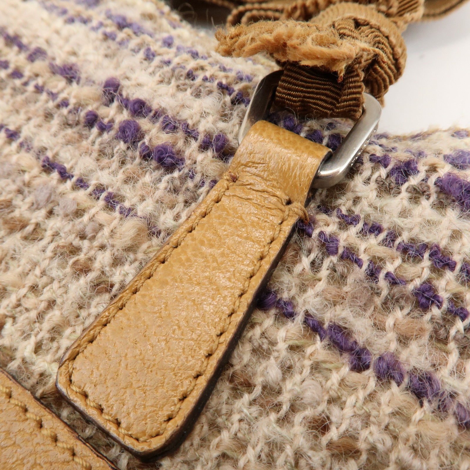 PRADA Triangle Logo Tweed Leather Hand Bag Light Brown Multicolor
