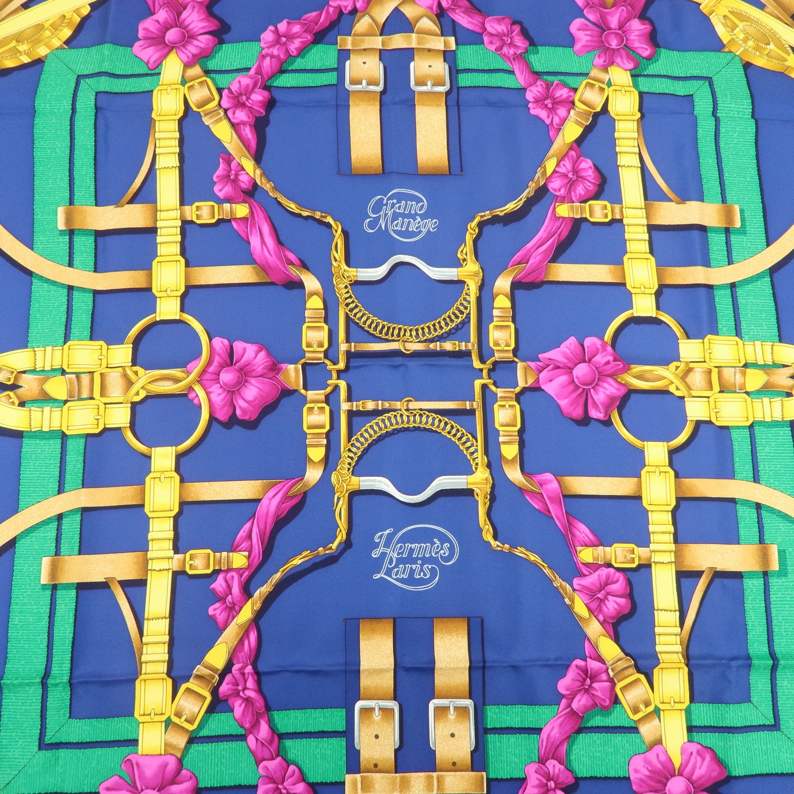 HERMES Carre 90 Silk 100% Grand Manege Scarf Navy Gold