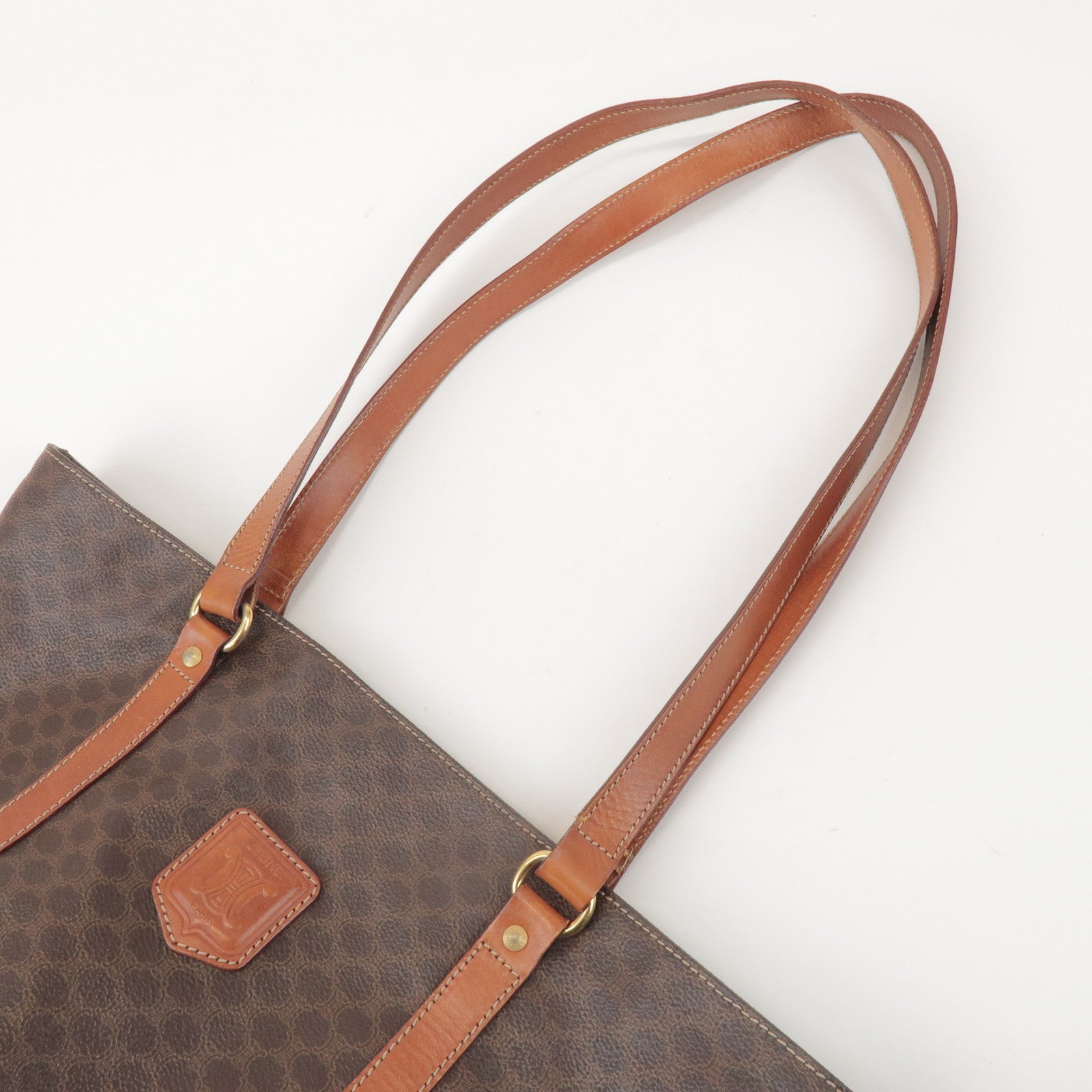CELINE Macadam PVC Coated Canvas Leather Tote Bag Hand Bag Brown
