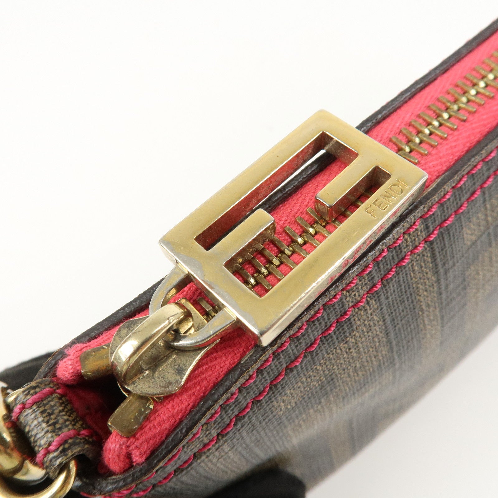 FENDI Zucca PVC Chain Accessory Pouch Hand Bag Brown 8BR592