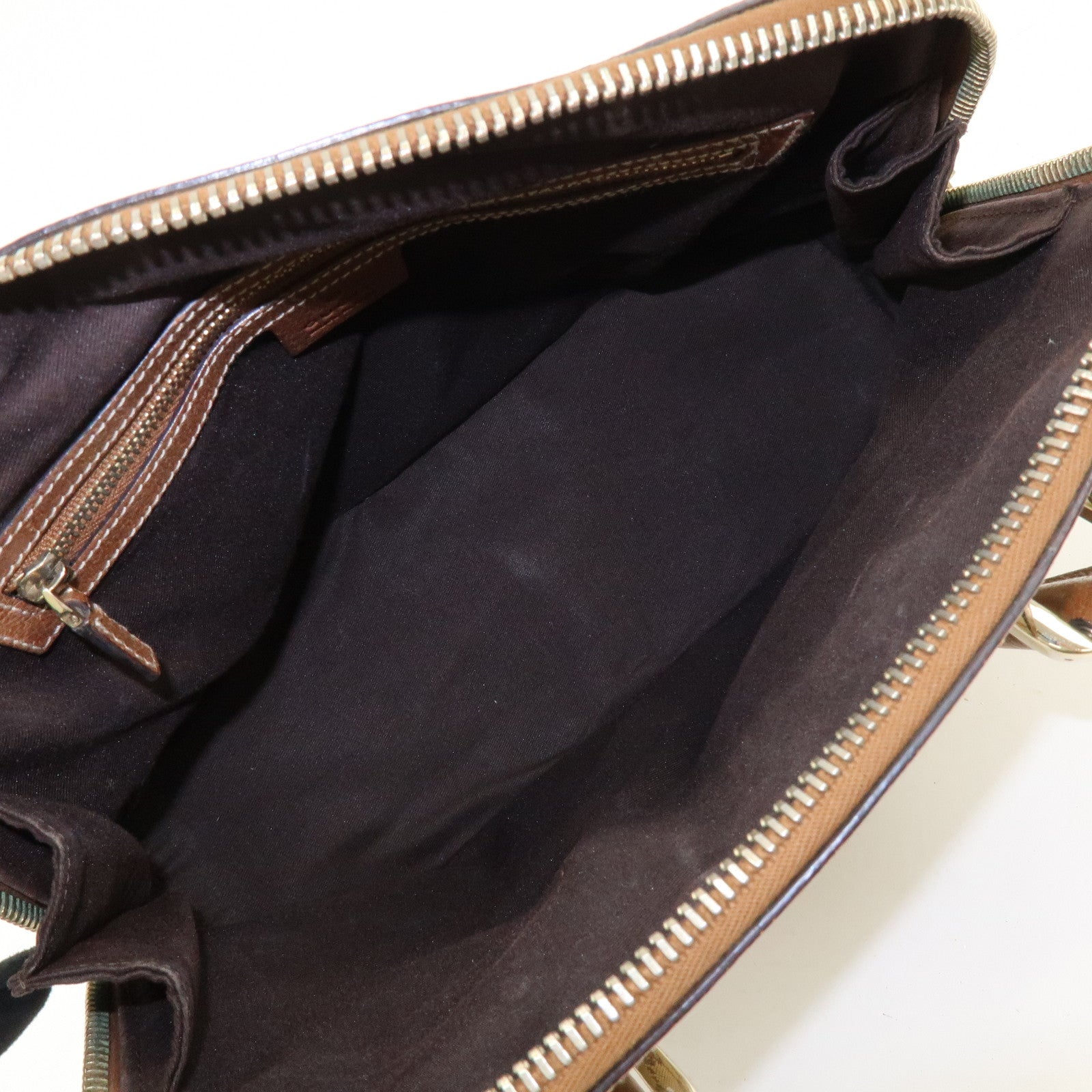 GUCCI GG Canvas Leather Studded Hand Bag Brown 131023