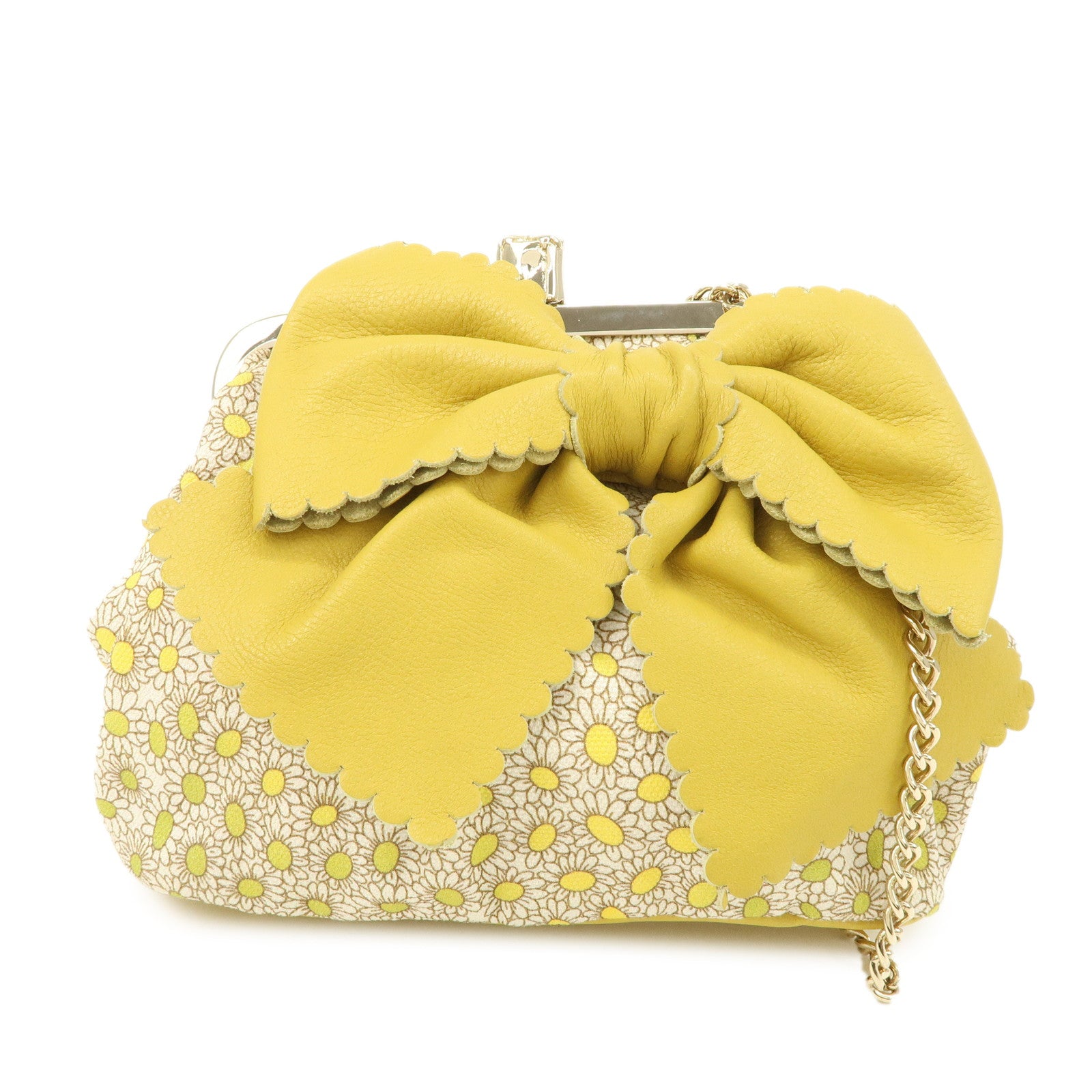 VALENTINO Canvas Leather Chain Shoulder Bag Hand Bag Mustard