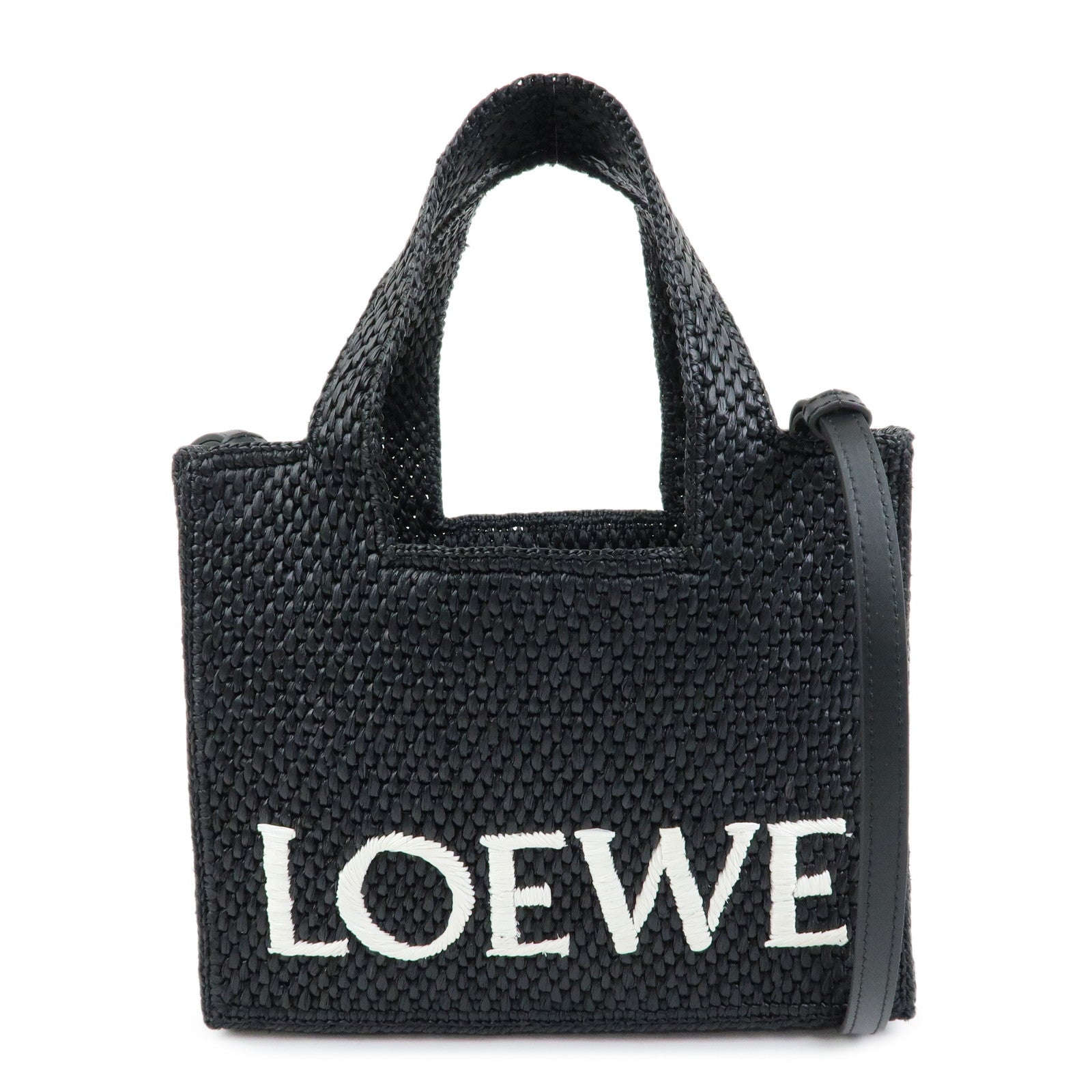 LOEWE Font Tote Mini Bag Raffia Leather 2Way Bag Hand Bag Black