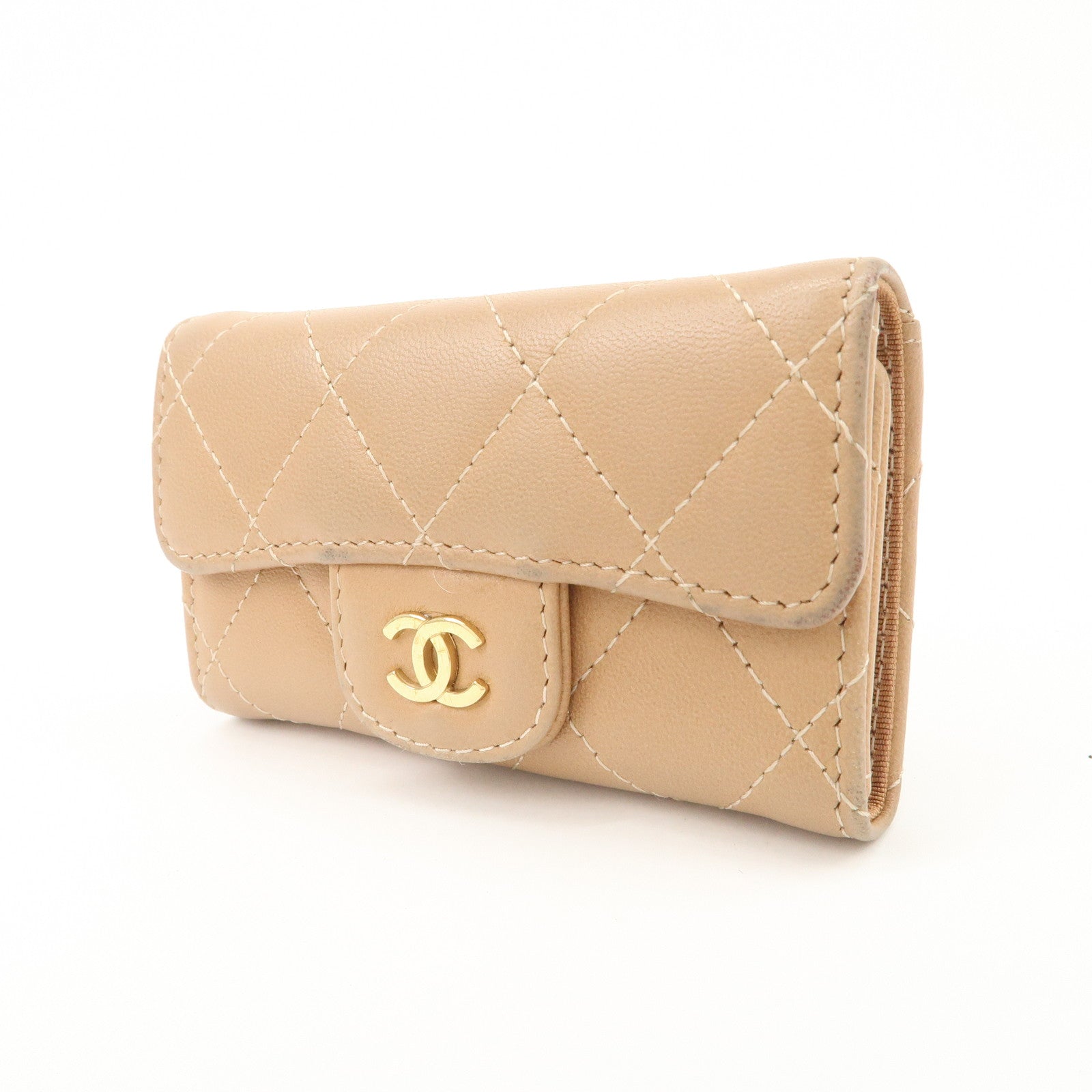 CHANEL Matelasse Lamb Skin COCO Mark 6 Ring Key Case Beige A84400