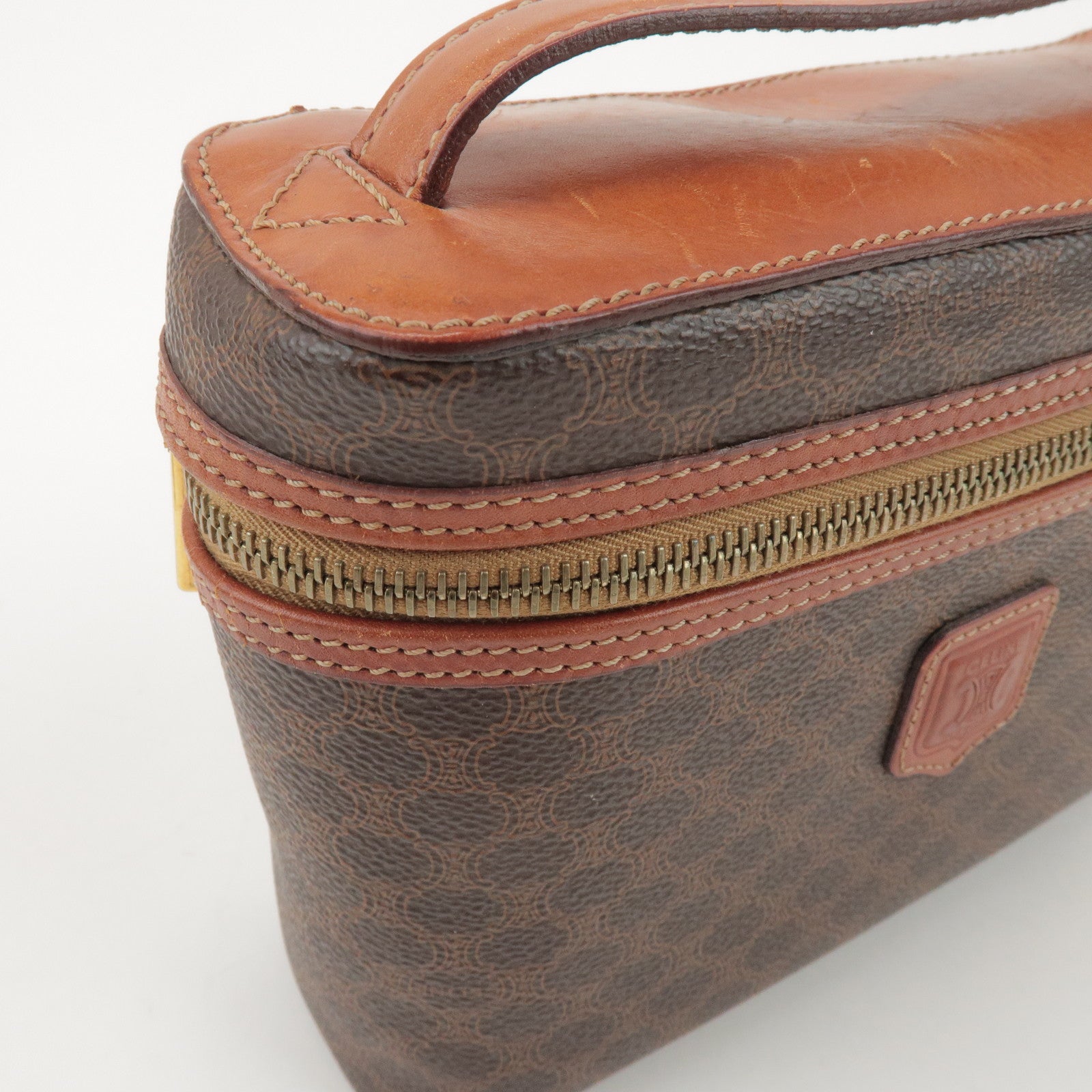 CELINE Macadam PVC Coated Canvas Leather Hand Bag Vanity Bag Brown
