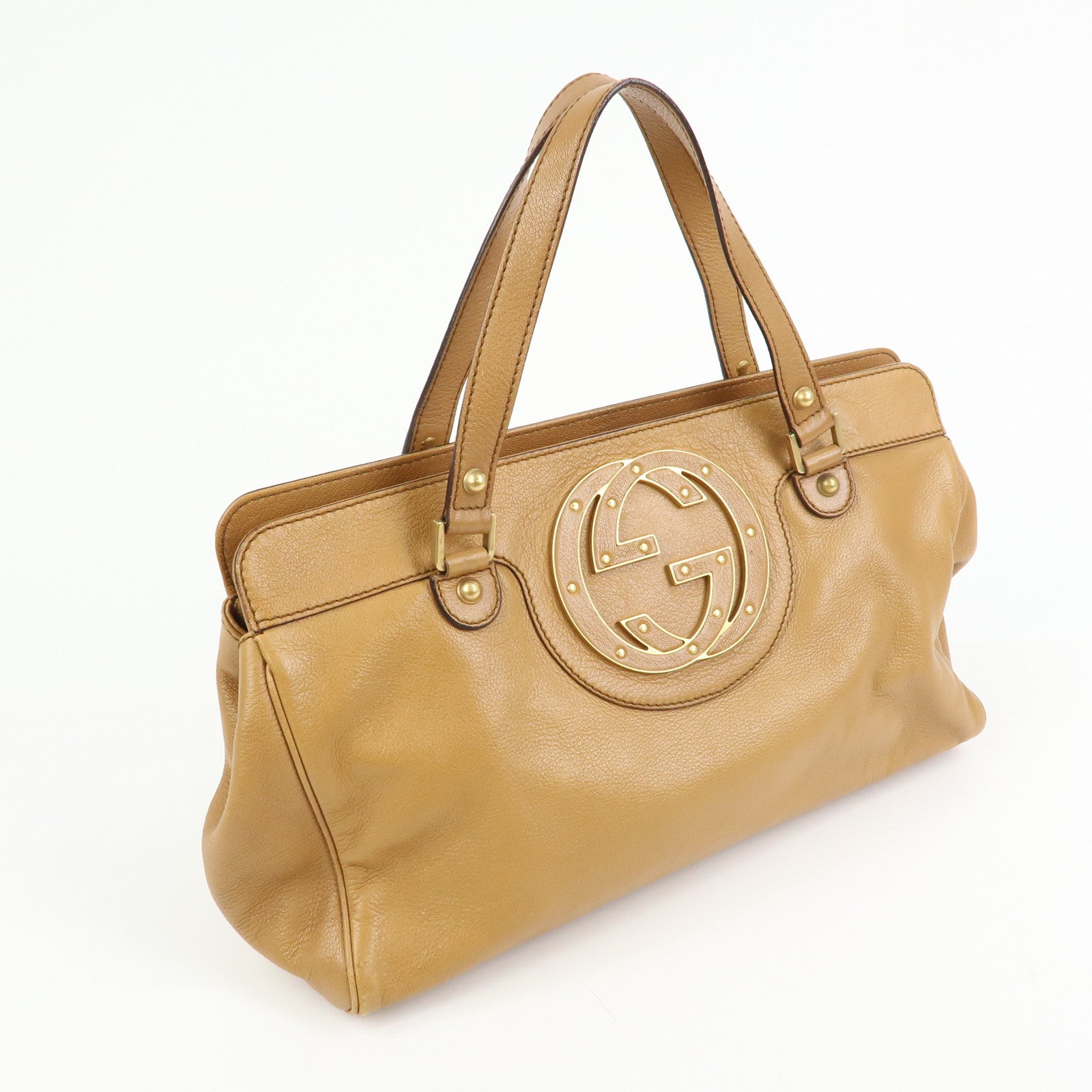 GUCCI Interlocking G Leather Blondie Studs Hand Bag Brown 121551