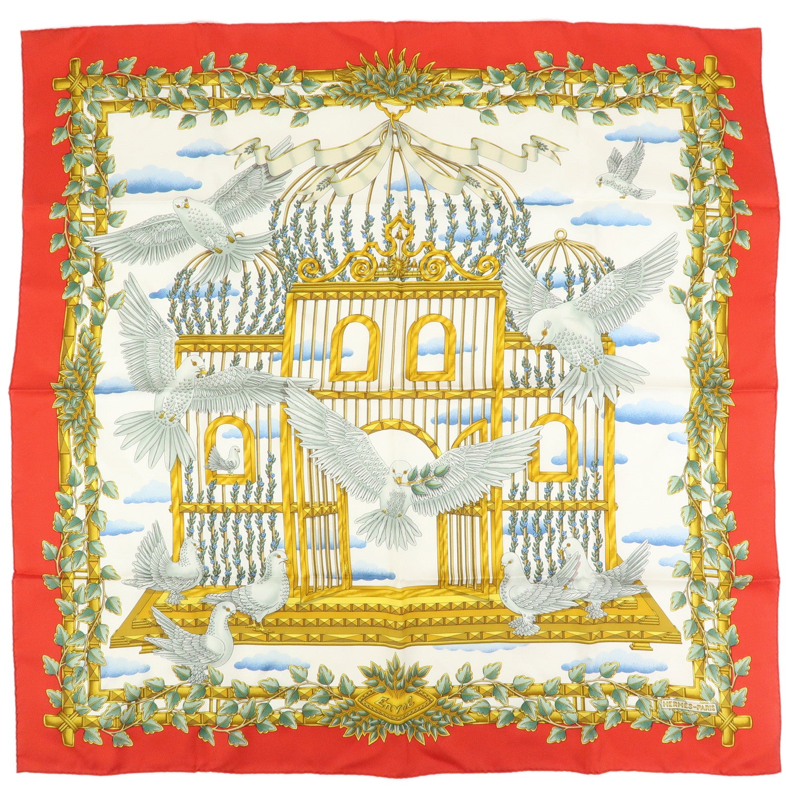 HERMES Carre 90 Silk 100% Scarf ENVOL Bird Print Red White