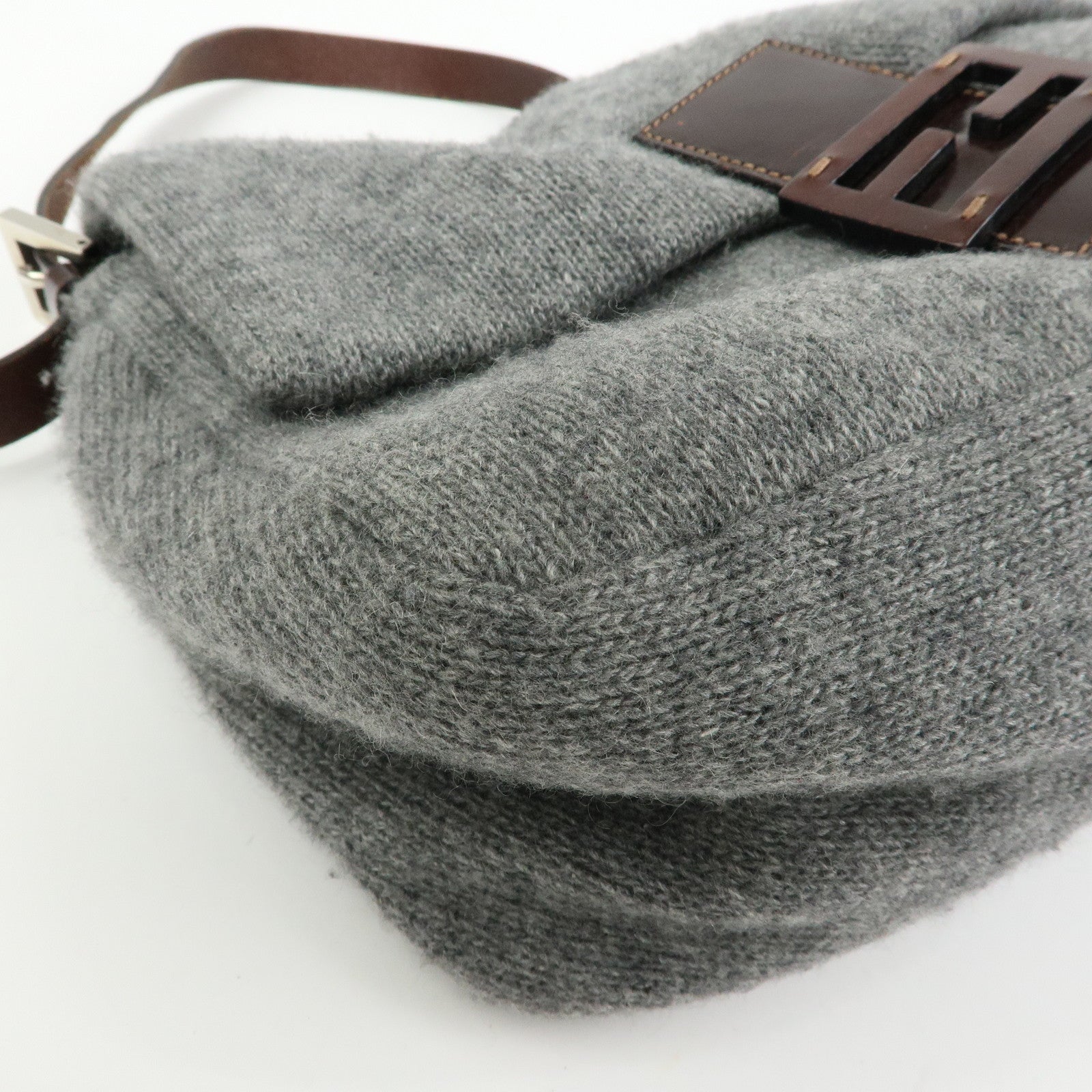 FENDI Mamma Baguette Wool Leather Shoulder Bag Grey Brown 26325