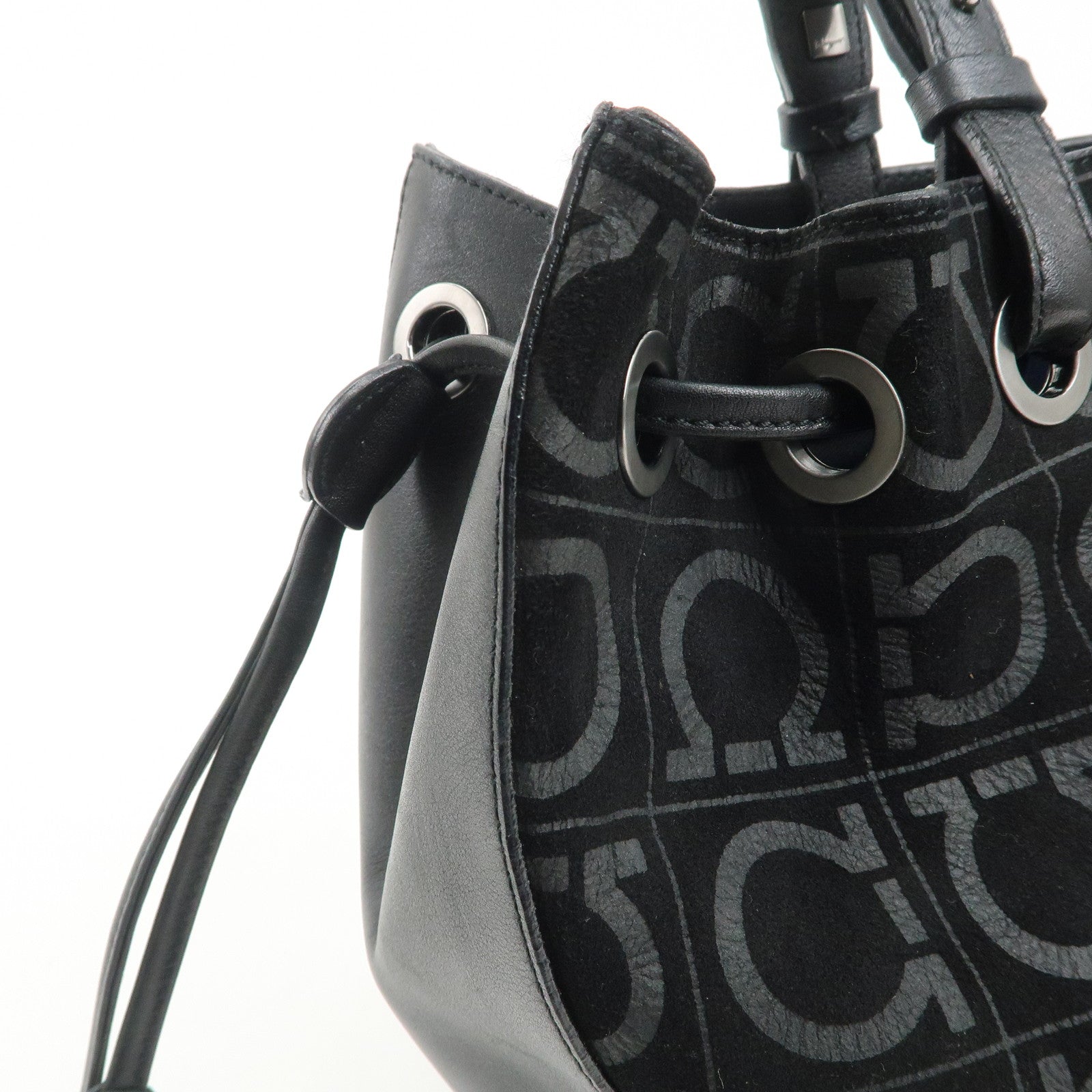 Ferragamo Gancini Leather Suede Shoulder Bag Hand Bag Black