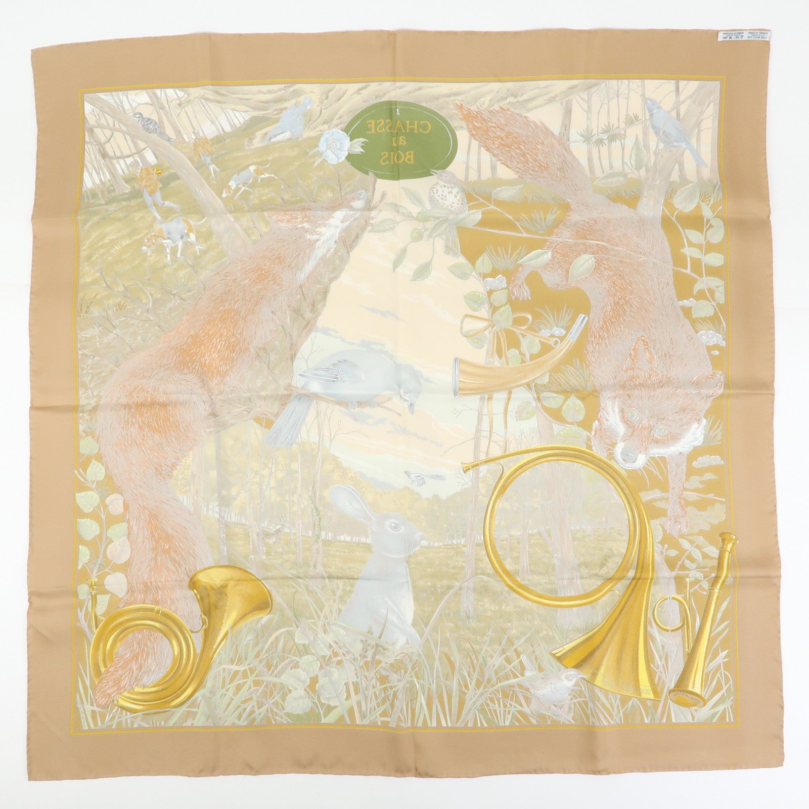 HERMES Carre 90 Silk 100% Scarf CHASSE au BOIS Brown