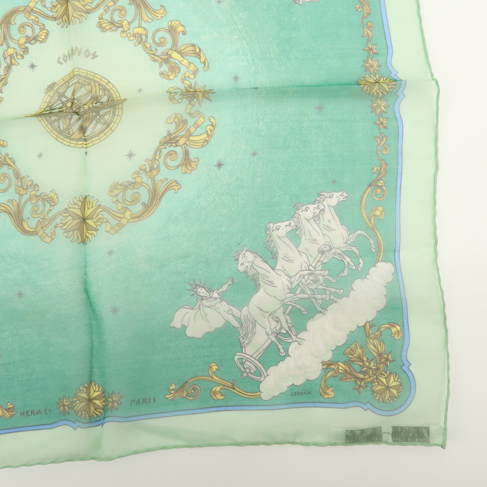 HERMES Carre 40 Silk Scarf COSMOS Horse-drawn Carriage Motif Green