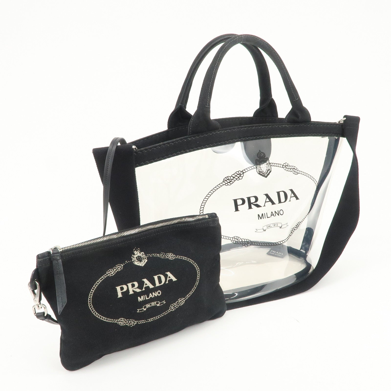 PRADA Canvas Vinyl Leather 2Way Hand Bag Clear Black 1BG187