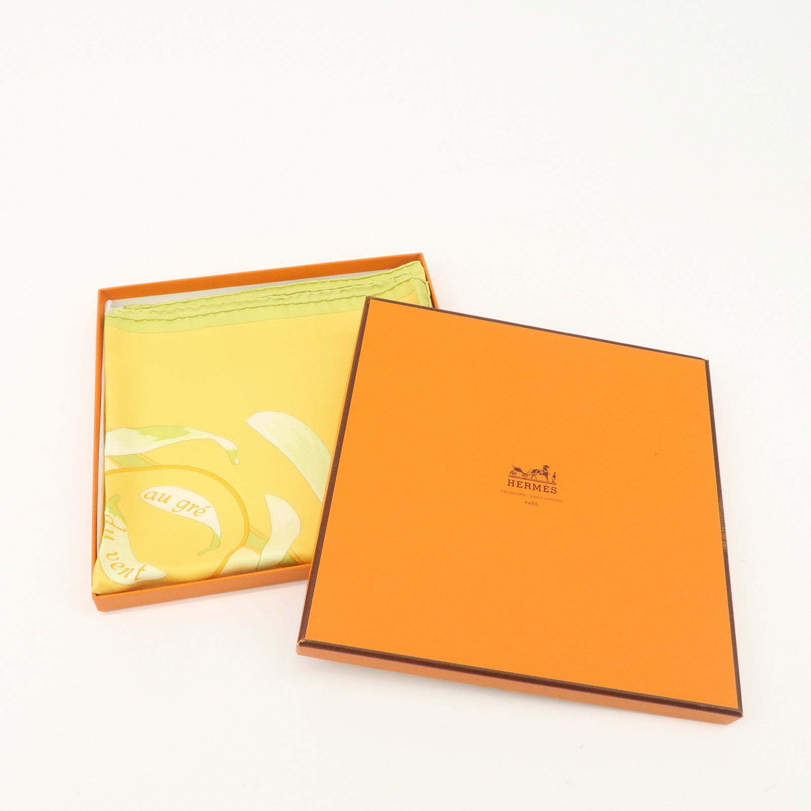 HERMES Carre 90 Silk 100% Scarf Au Gre Du Ven Yellow Light Green Used