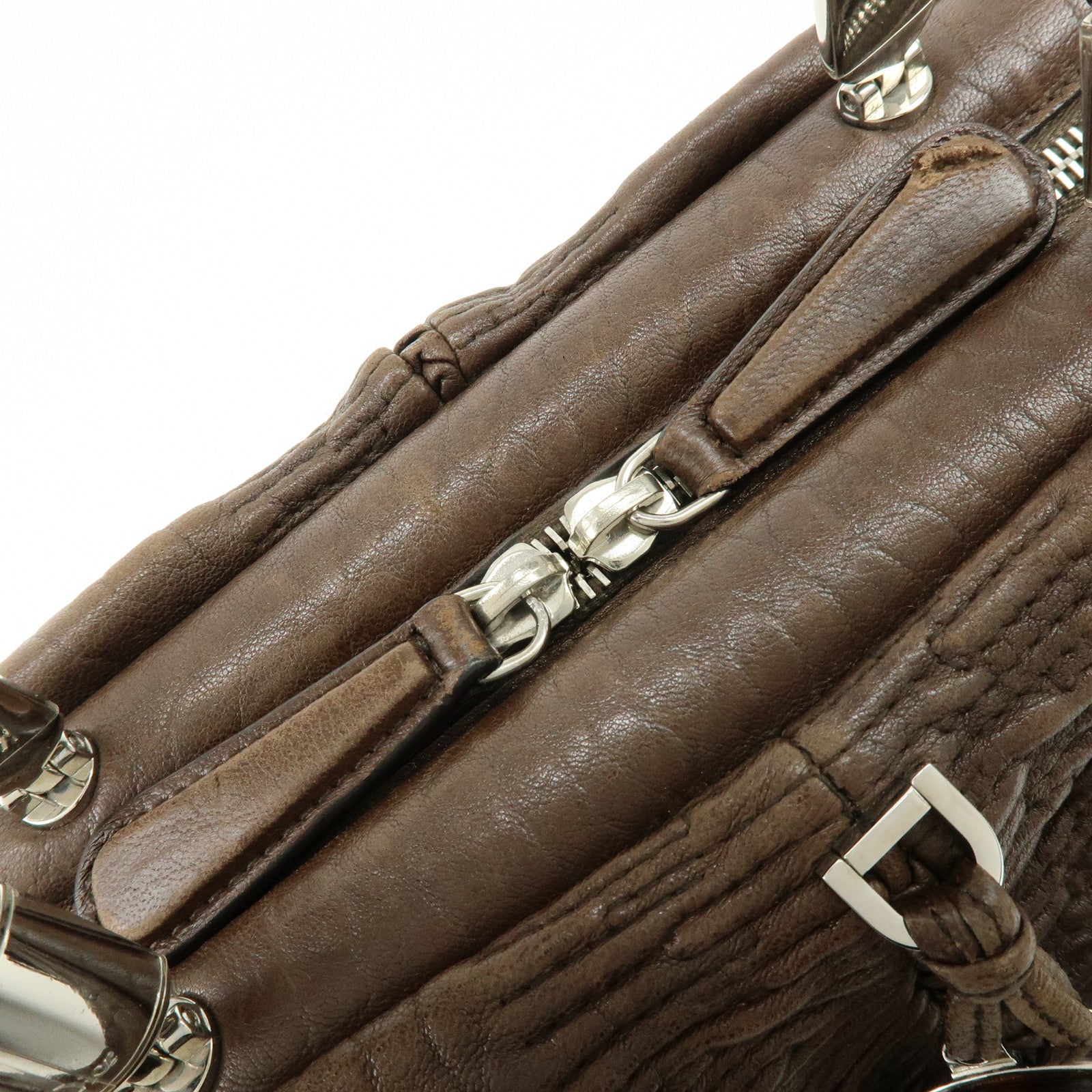 Christian Dior Embossed Gathered Leather Boston Bag Hand Bag Brown