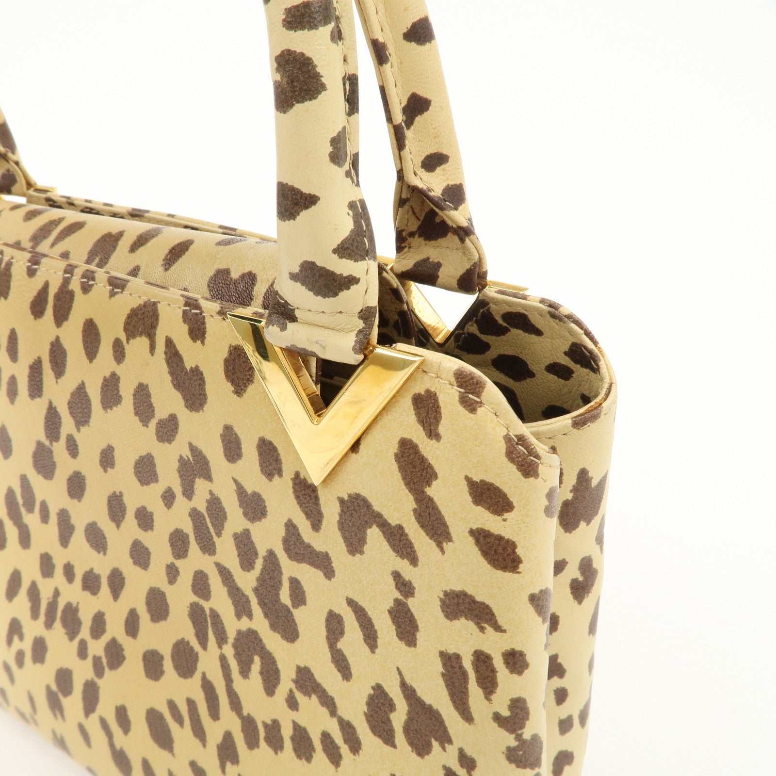 VALENTINO Leather Hand Bag Animal Leopard Beige Brown