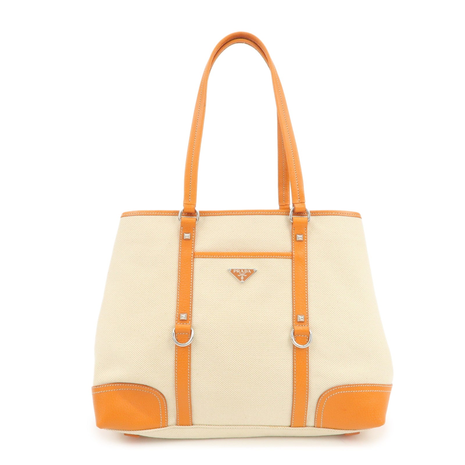 PRADA Triangle Logo Canvas Leather Tote Bag Natural Orange BR2920