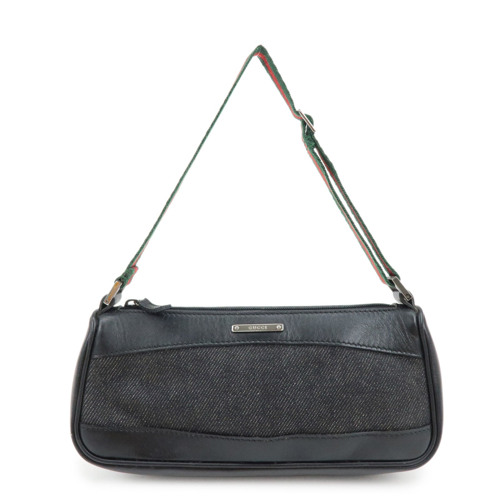 GUCCI Sherry Leather Denim Accessory Pouch Hand Bag Black 92820