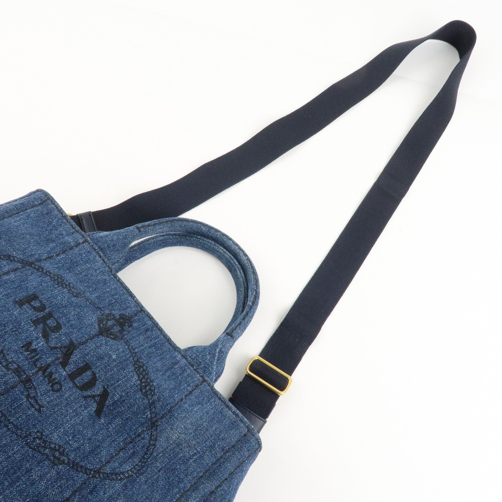 PRADA Canapa Denim 2Way Bag Hand Bag Shoulder Bag Navy B2642B Used