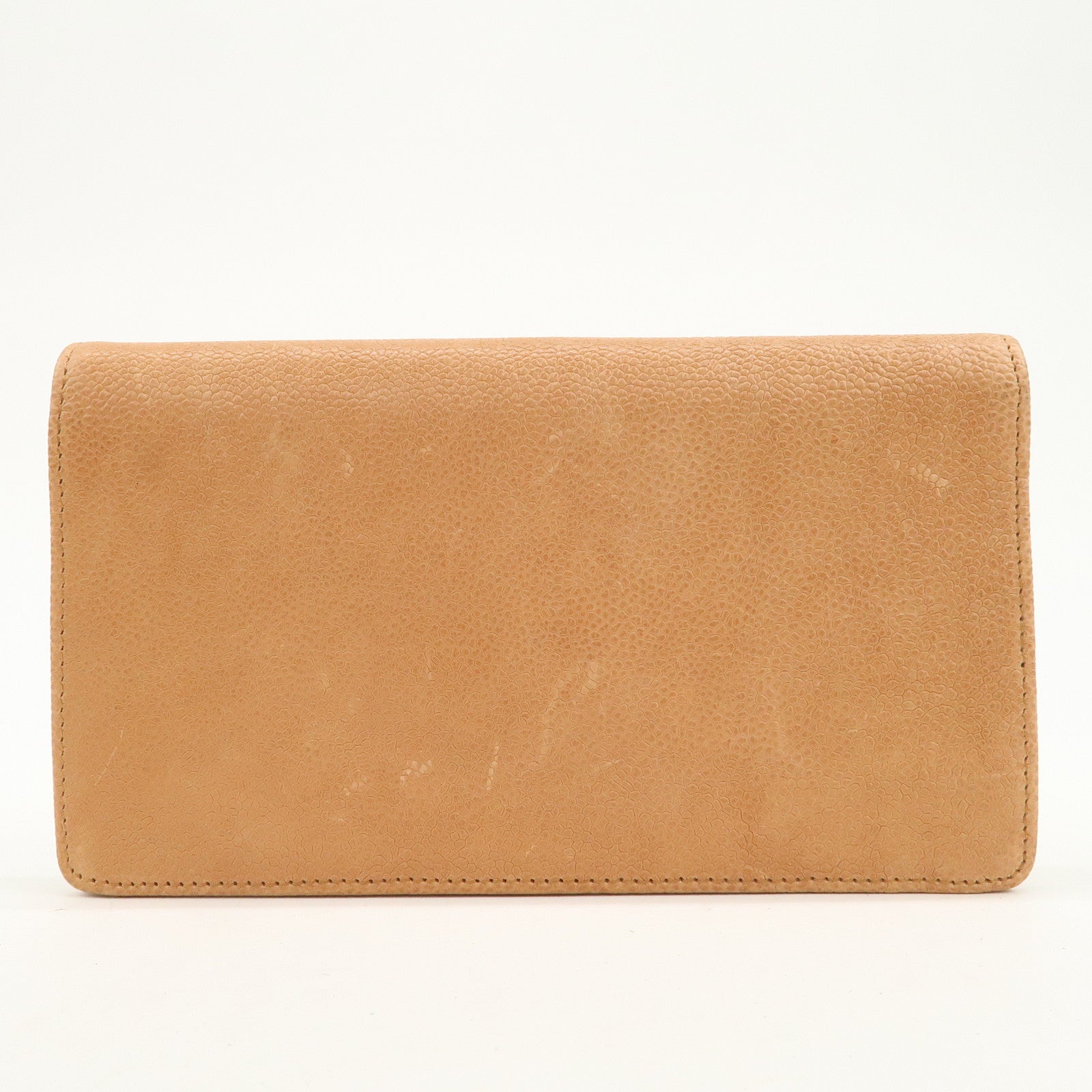CHANEL Logo Caviarskin Flap Long Wallet Light Brown