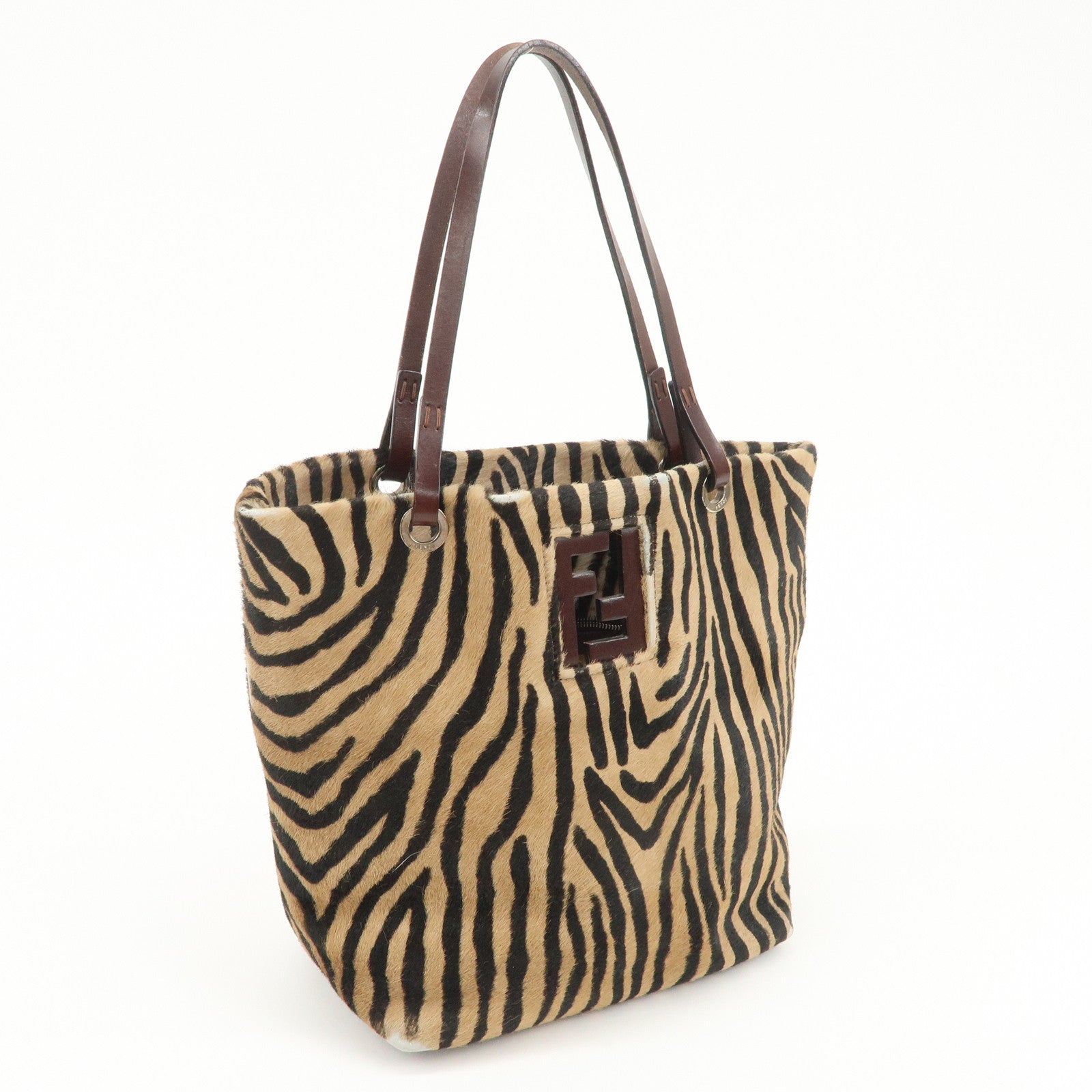 FENDI Unborn Calf Leather Tote Bag Hand Bag Brown 83158780992