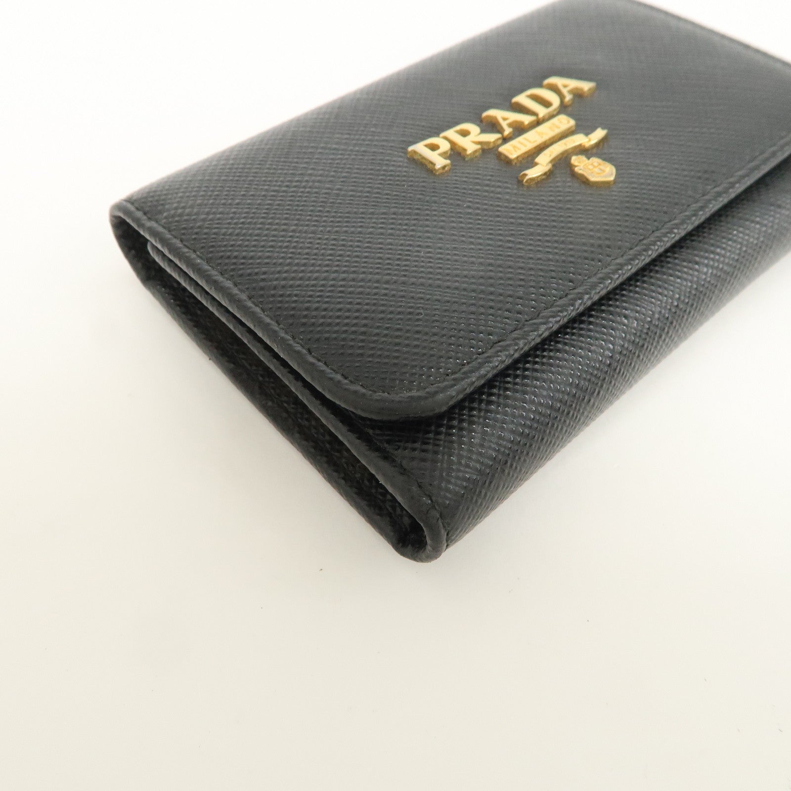 PRADA Logo Saffiano Leather Key Case Key Holder Black