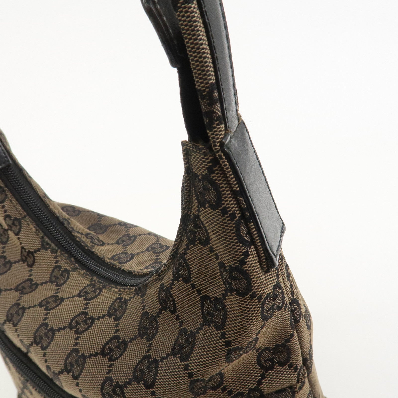 GUCCI GG Canvas Leather Shoulder Bag Hand Bag Brown Black 001・3386