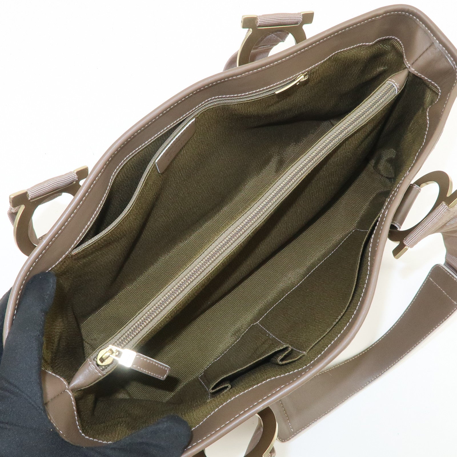 Ferragamo Gancini Canvas Leather Tote Bag Shoulder Bag Beige Brown