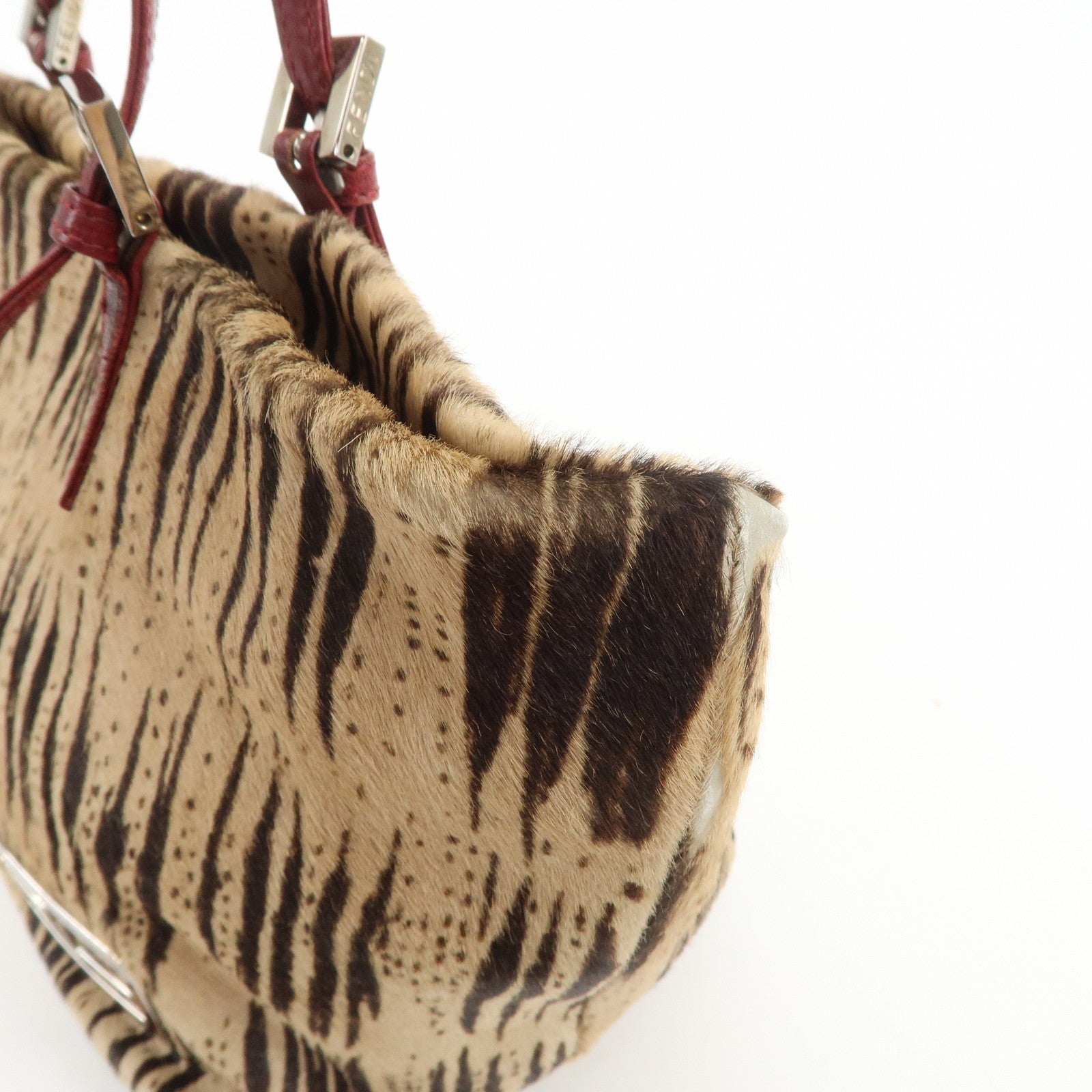 FENDI Calf Hair Leather Tote Bag Hand Bag Beige Red 26634