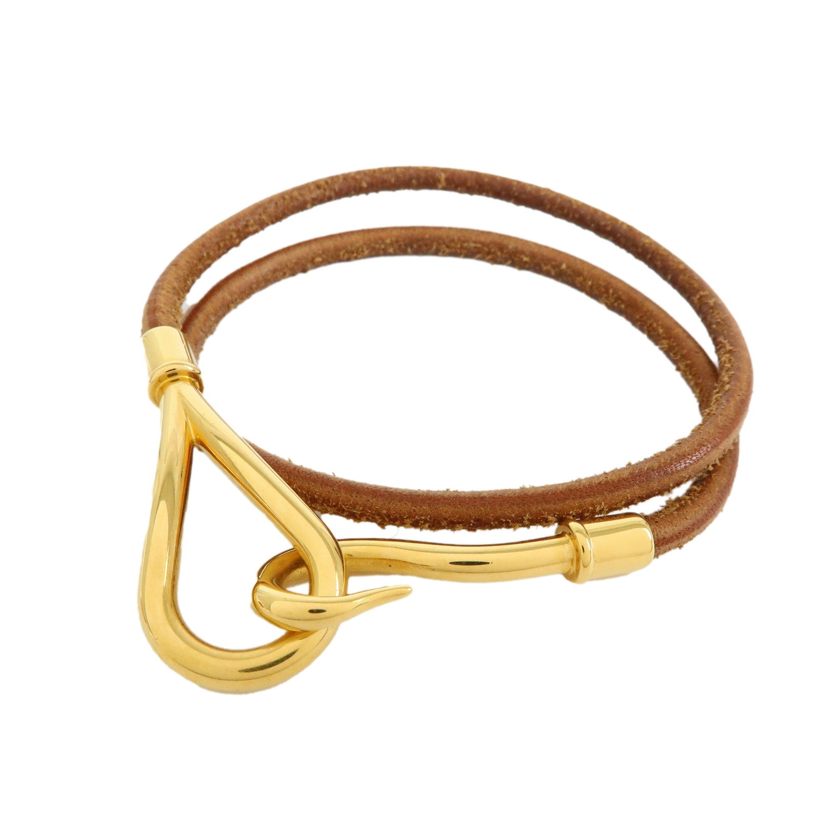 HERMES Jumbo Hook Double Tour Leather Choker Bracelet Brown Gold