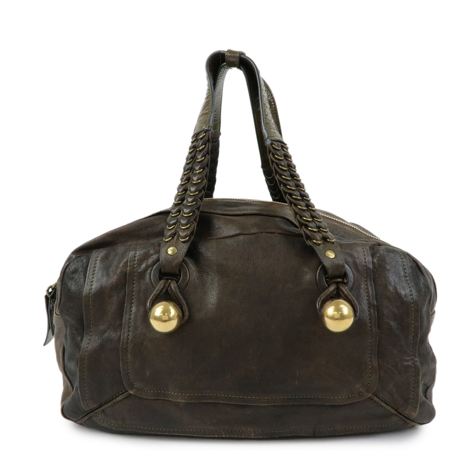 Chloe Leather Patent Leather Boston Bag Shoulder Bag Dark Brown
